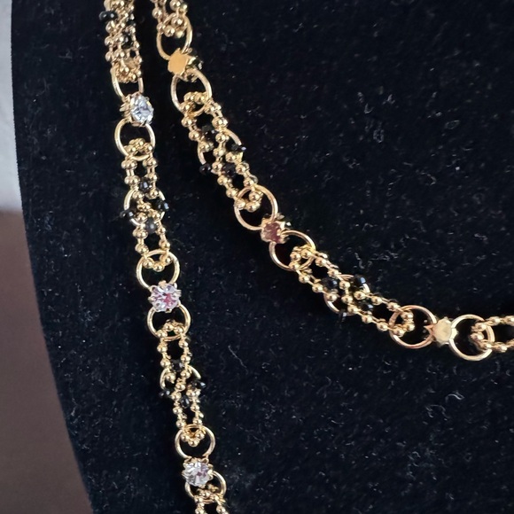 18KT GOLD PLATED CRYSTAL BLACK BEADED NECKLACE 24” - Picture 2 of 4